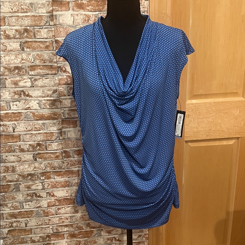 NWT Worthington Women’s PL Blouse Draped Neck Ruched Sides Blue/Black Geometric